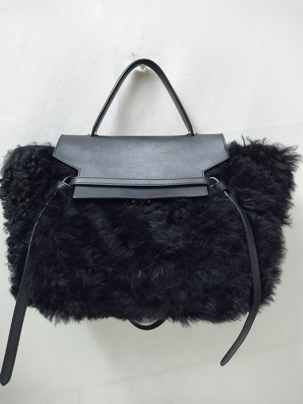 CELINE 2 Way Black Leather Fur Shearling Satchel Belt Bag